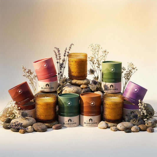 A group of Bluecorn Aromatica candles in both their glass holders and cylindrical packaging, showcasing a variety of colors including Amber (La Mesa), Dark Green (Ponderosa Pine), Light Green (Artemisa), Purple (Mountain Lilac), Pink (Paloma) and dark bro