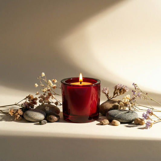 red votive candle holder made of 50% recycled glass bluecorn candles