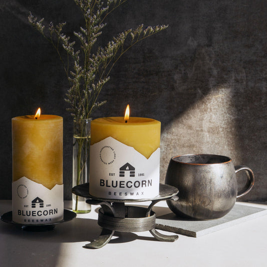 Large Raw Beeswax Pillar & Hand-Forged Holder Gift Set - Bluecorn Candles - beeswax candle gift set