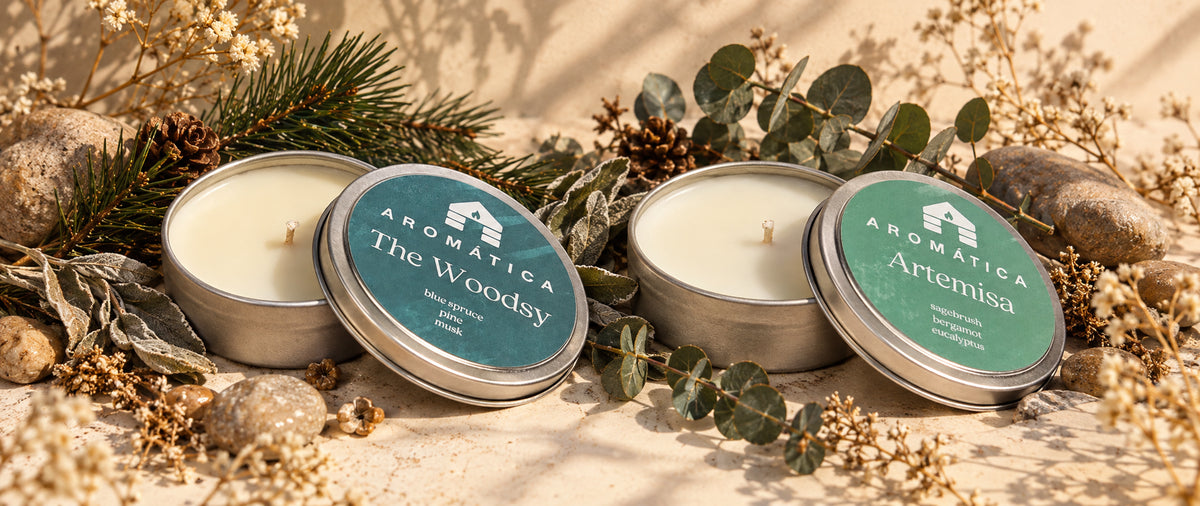 the woodsy pine scented candle sample tin and artemisa sagebrush scented candle sample tins surrounded by pine and eucalyptus to illustrate scent