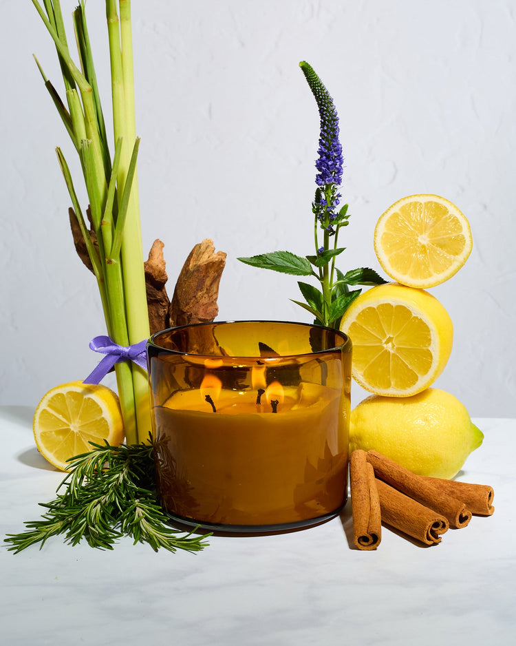 Jar Candles featuring beeswax in artisan glass holders, glowing warmly by a window with greenery.