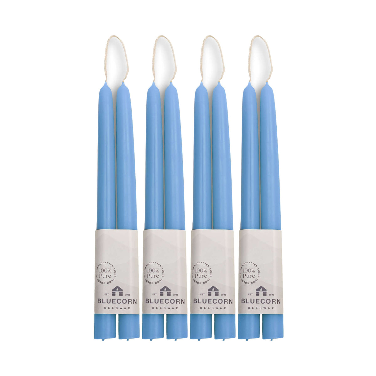 Clearance Candles - 4-Pair light blue Hand-Dipped beeswax tapers with white background