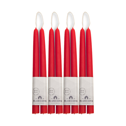 Clearance Candles - 4-Pair 10" Red Hand-Dipped beeswax tapers with white background