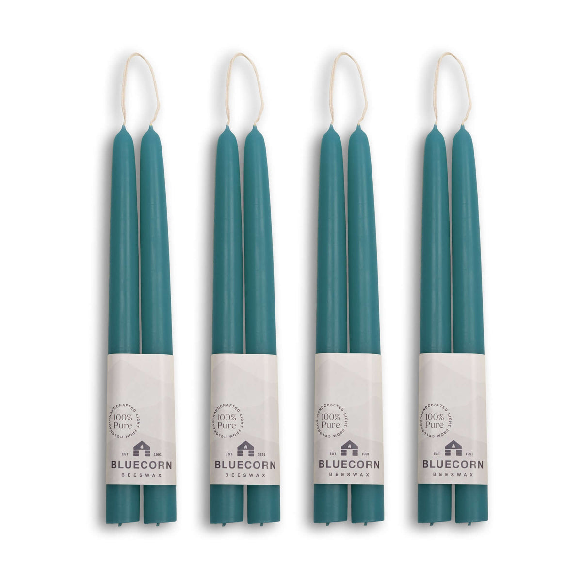 Clearance Candles - 4-Pair Teal Hand-Dipped beeswax tapers with white background