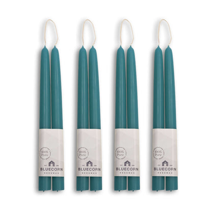 Clearance Candles - 4-Pair Teal Hand-Dipped beeswax tapers with white background