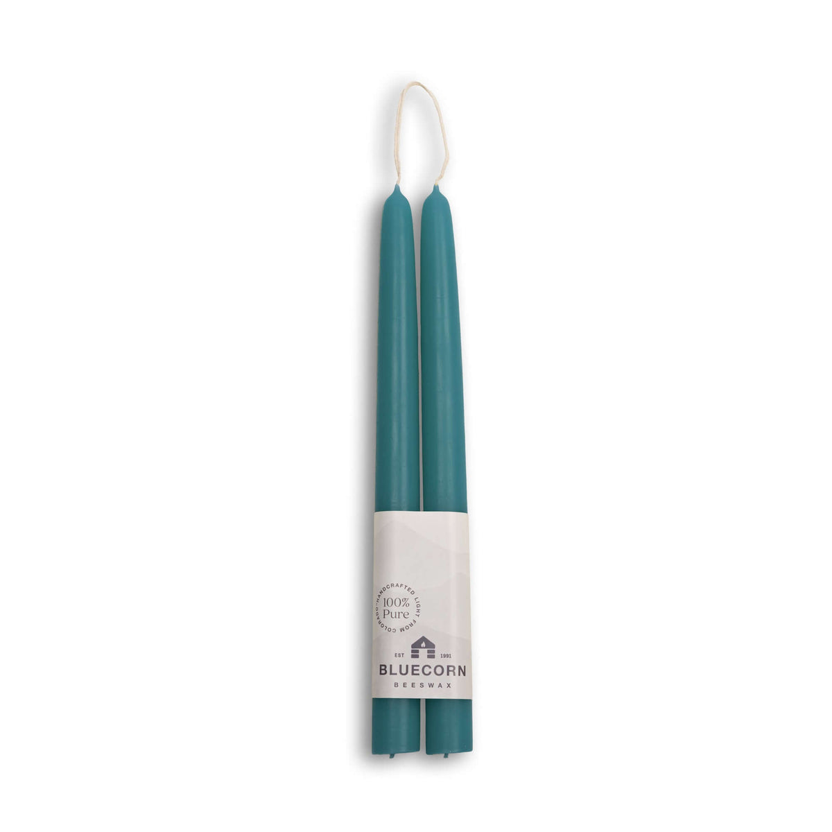 10" pair of teal blue beeswax taper candles with white bluecorn label and white background