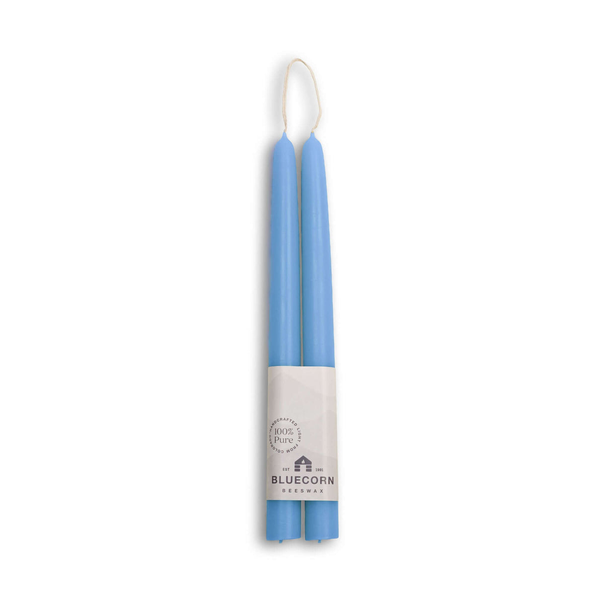 10" pair of light blue beeswax taper candles with white bluecorn label and white background