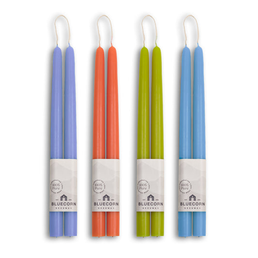 Colorful Summer Beeswax Taper Candle Bundle in Lilac, Sky Blue, Apricot, and Pistachio for vibrant table settings.