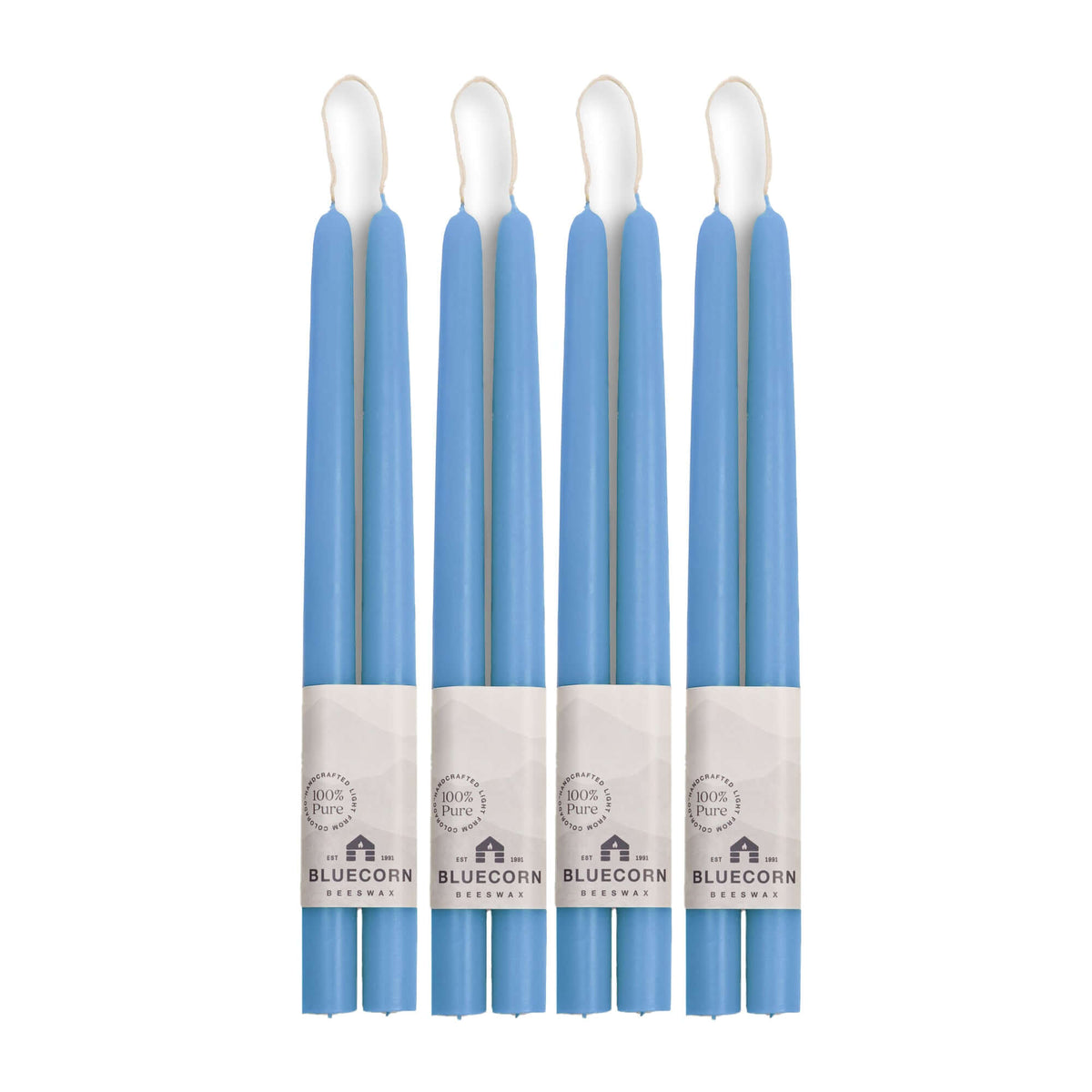 Clearance Candles - 4-Pair light blue Hand-Dipped beeswax tapers with white background