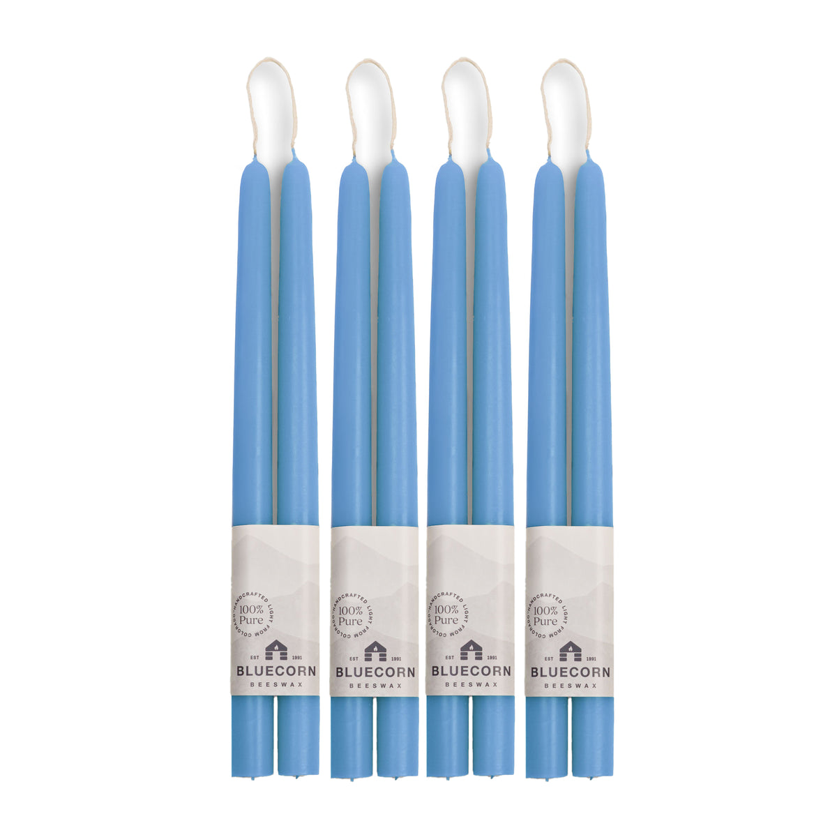 Clearance Candles - 4-Pair Light Blue Hand-Dipped beeswax tapers with white background