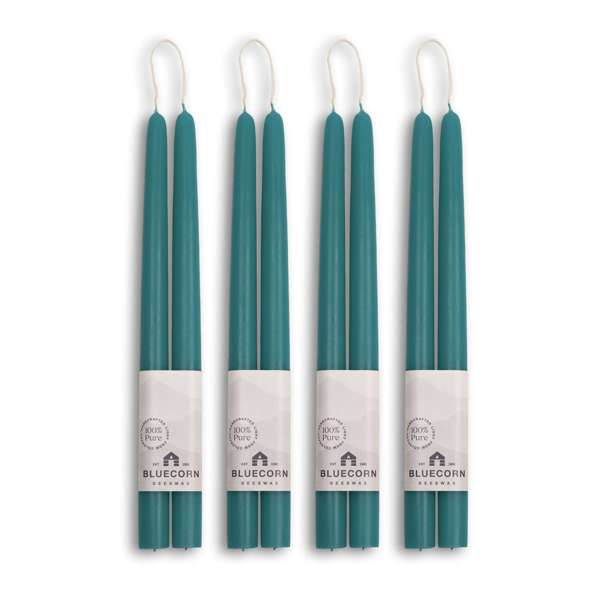 Clearance Candles - 4-Pair Teal Hand-Dipped beeswax tapers with white background