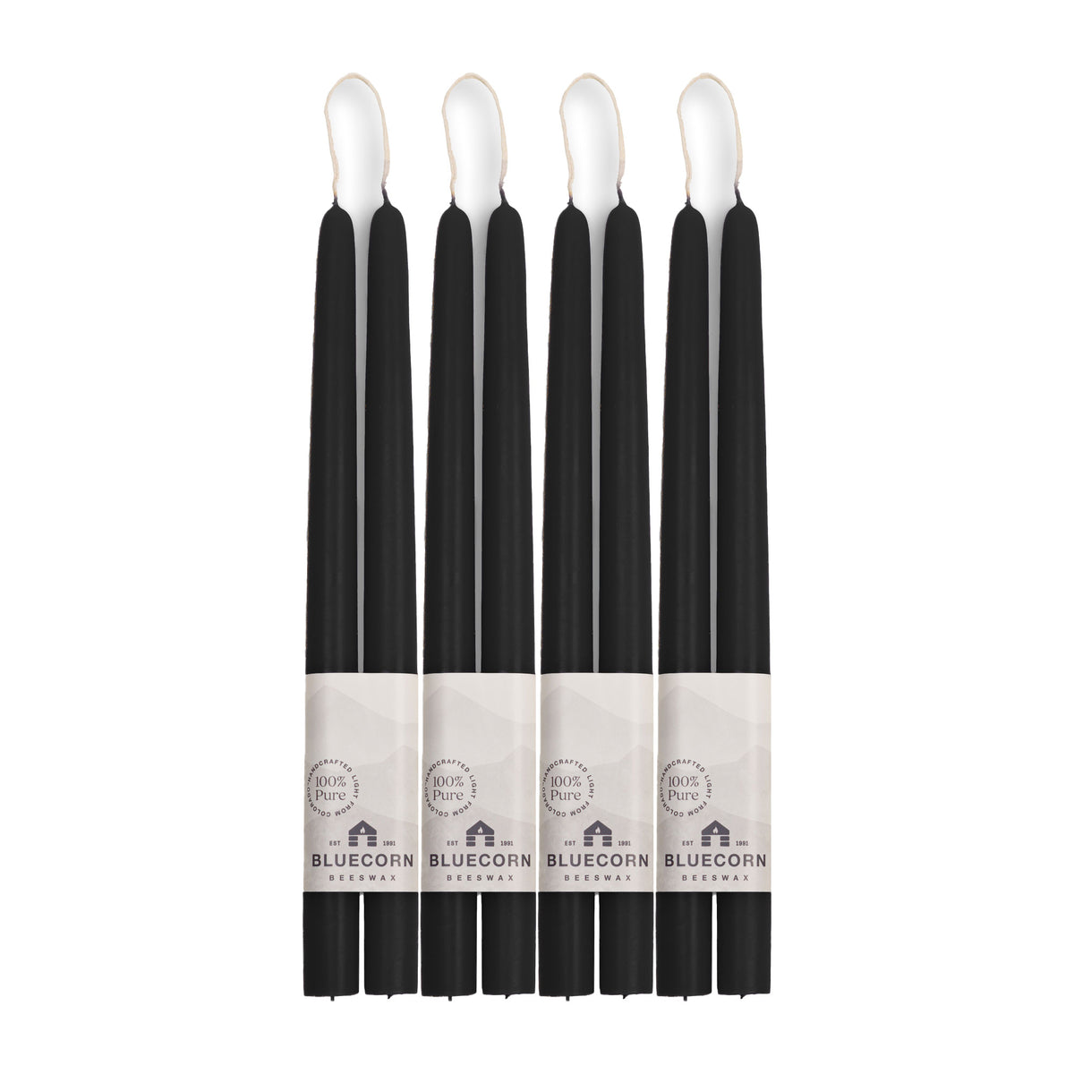 Clearance Candles - 4-Pair 12" Black Hand-Dipped beeswax tapers with white background
