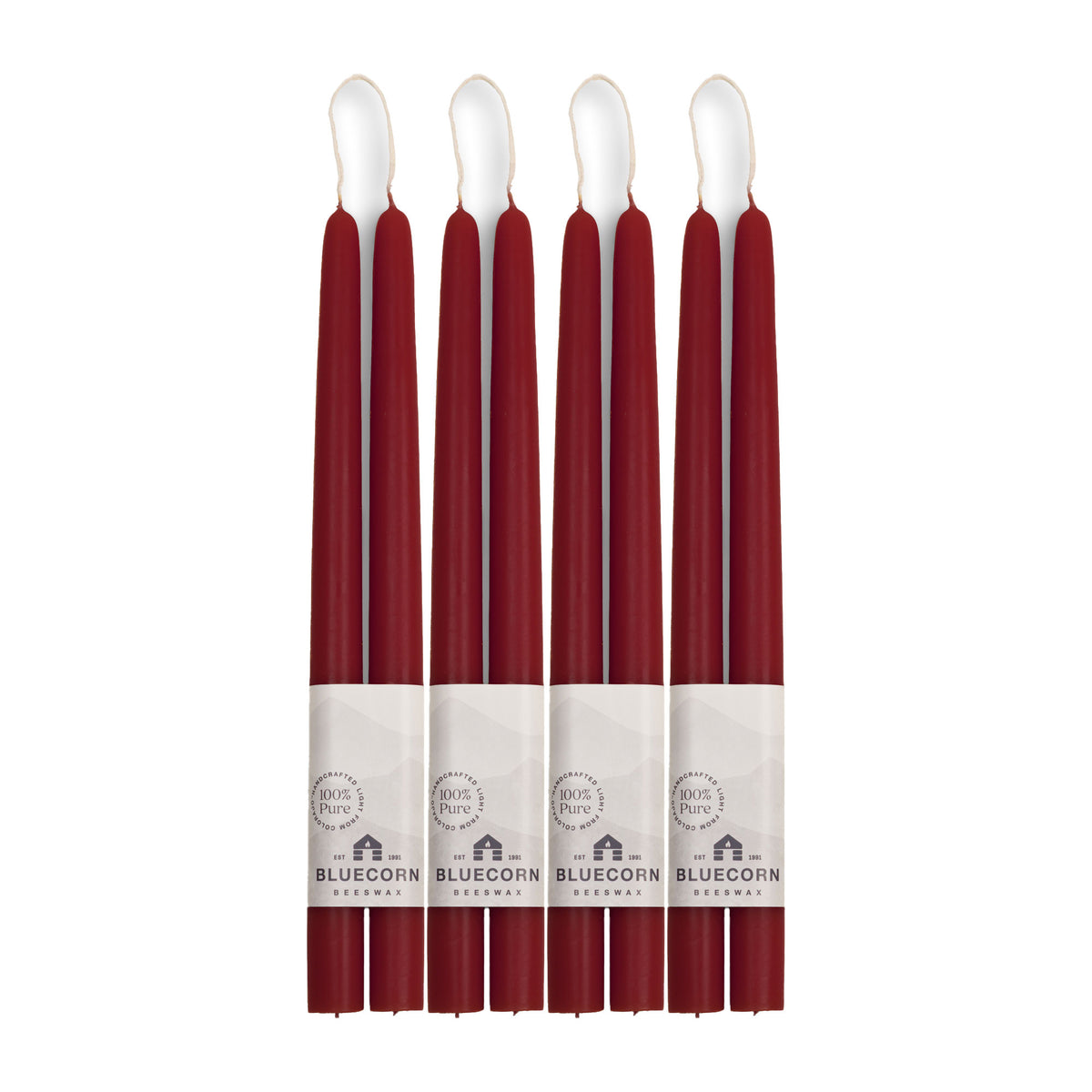 Clearance Candles - 4-Pair 12" Burgundy Hand-Dipped beeswax tapers with white background