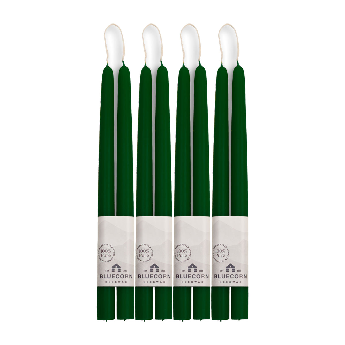 Clearance Candles - 4-Pair 12" Moss Hand-Dipped beeswax tapers with white background