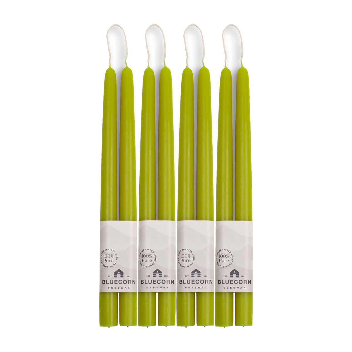 Clearance Candles - 4-Pair 12" Pistachio Hand-Dipped beeswax tapers with white background
