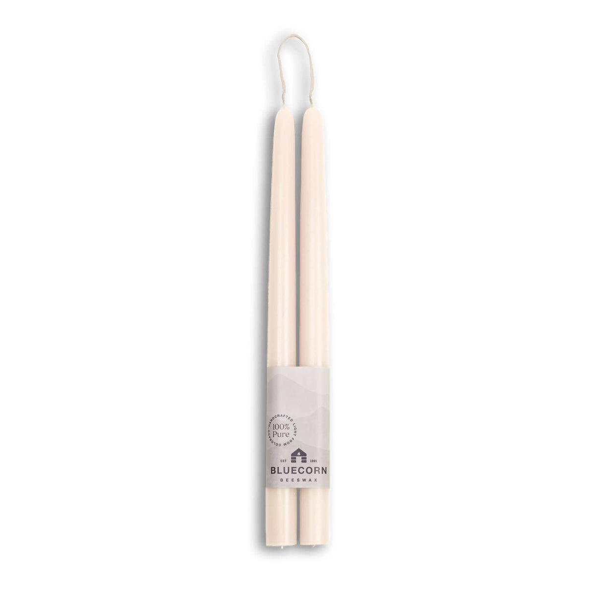 Pure beeswax taper candles from Bluecorn Candles. White taper candles. Pair of 12" long candles. Non toxic candles.
