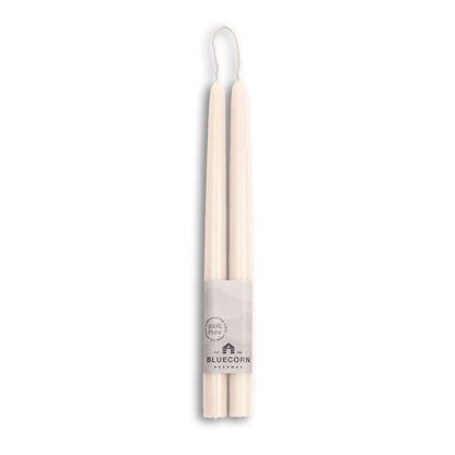 Pure beeswax taper candles from Bluecorn Candles. White taper candles. Pair of 12" long candles. Non toxic candles.