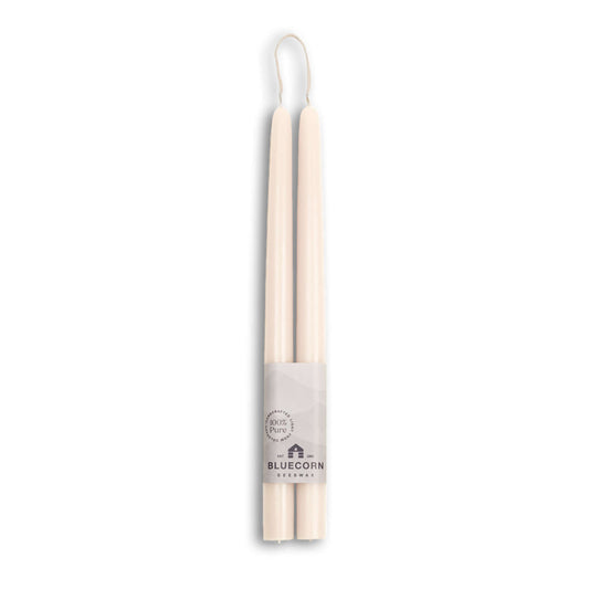 Pure beeswax taper candles from Bluecorn Candles. White taper candles. Pair of 12" long candles. Non toxic candles.