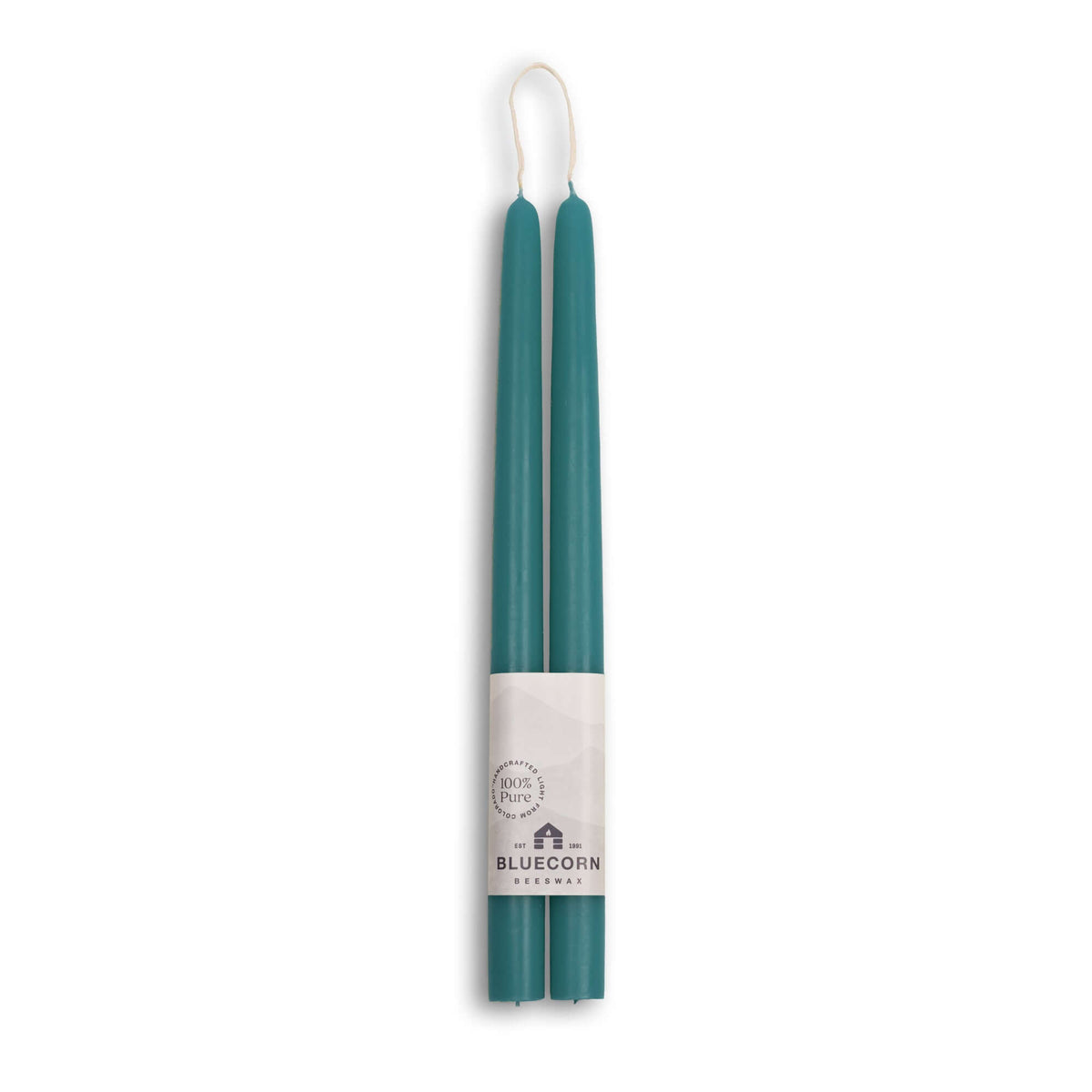 12" pair of teal blue beeswax taper candles with white bluecorn label and white background
