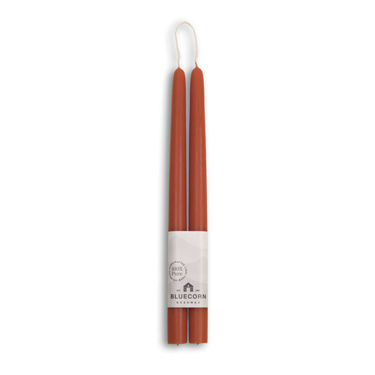12" Pair of Terracotta Beeswax Taper candles with white bluecorn label and white background