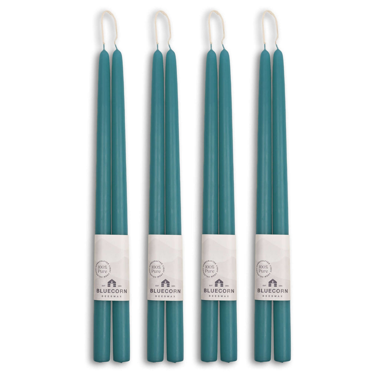 Clearance Candles - 4-Pair Teal Hand-Dipped beeswax tapers with white background