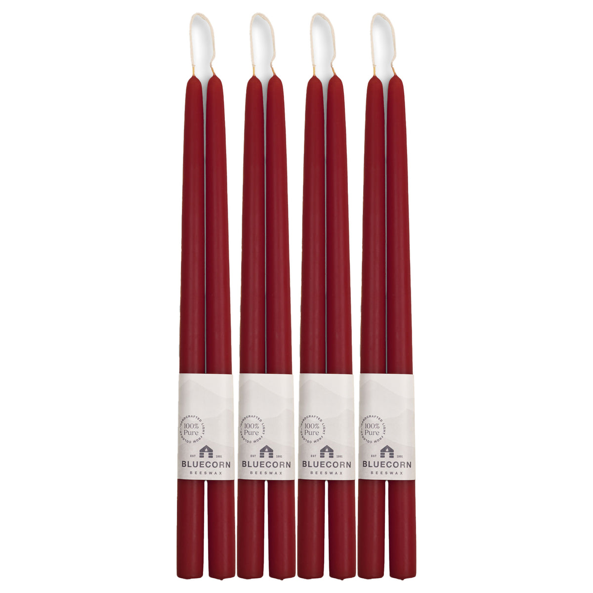 Clearance Candles - 4-Pair 16" Burgundy Hand-Dipped beeswax tapers with white background
