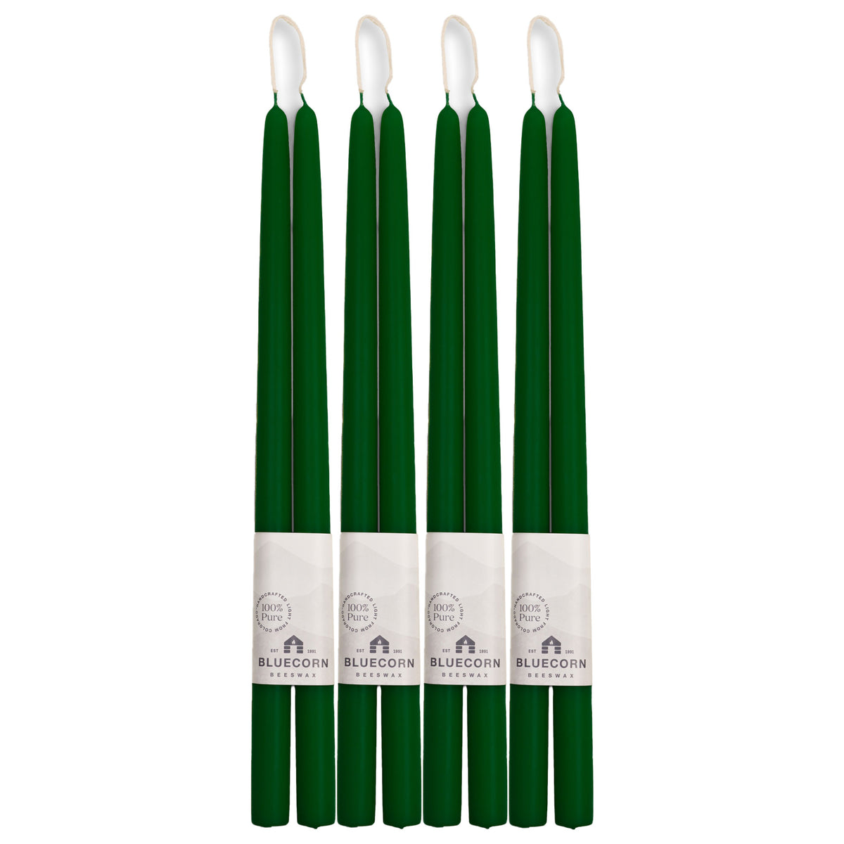 Clearance Candles - 4-Pair 16" Moss Green Hand-Dipped beeswax tapers with white background