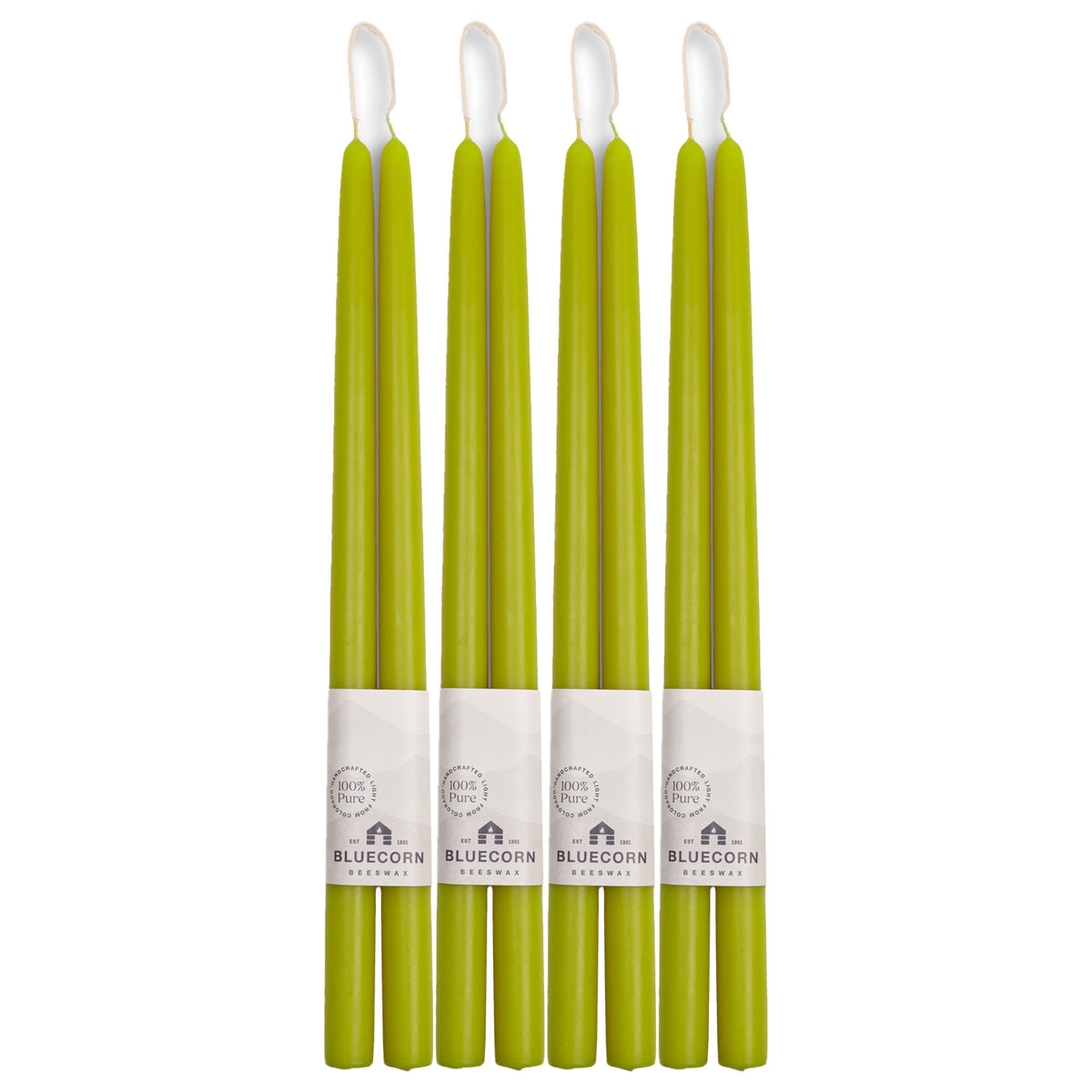 Clearance Candles - 4-Pair 16" Pistachio Hand-Dipped beeswax tapers with white background