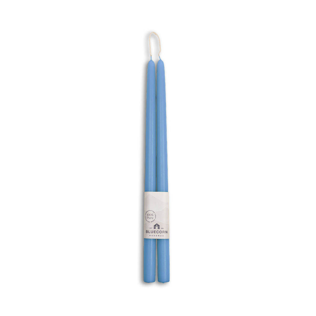 16" pair of light blue beeswax taper candles with white bluecorn label and white background