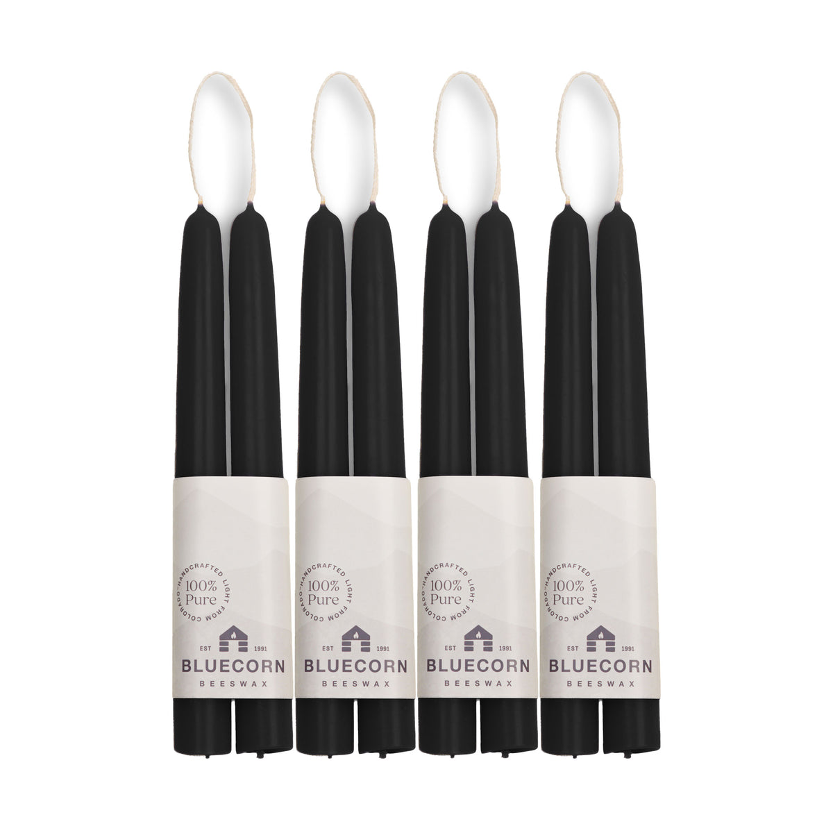 Clearance Candles - 4-Pair 8" Black Hand-Dipped beeswax tapers with white background