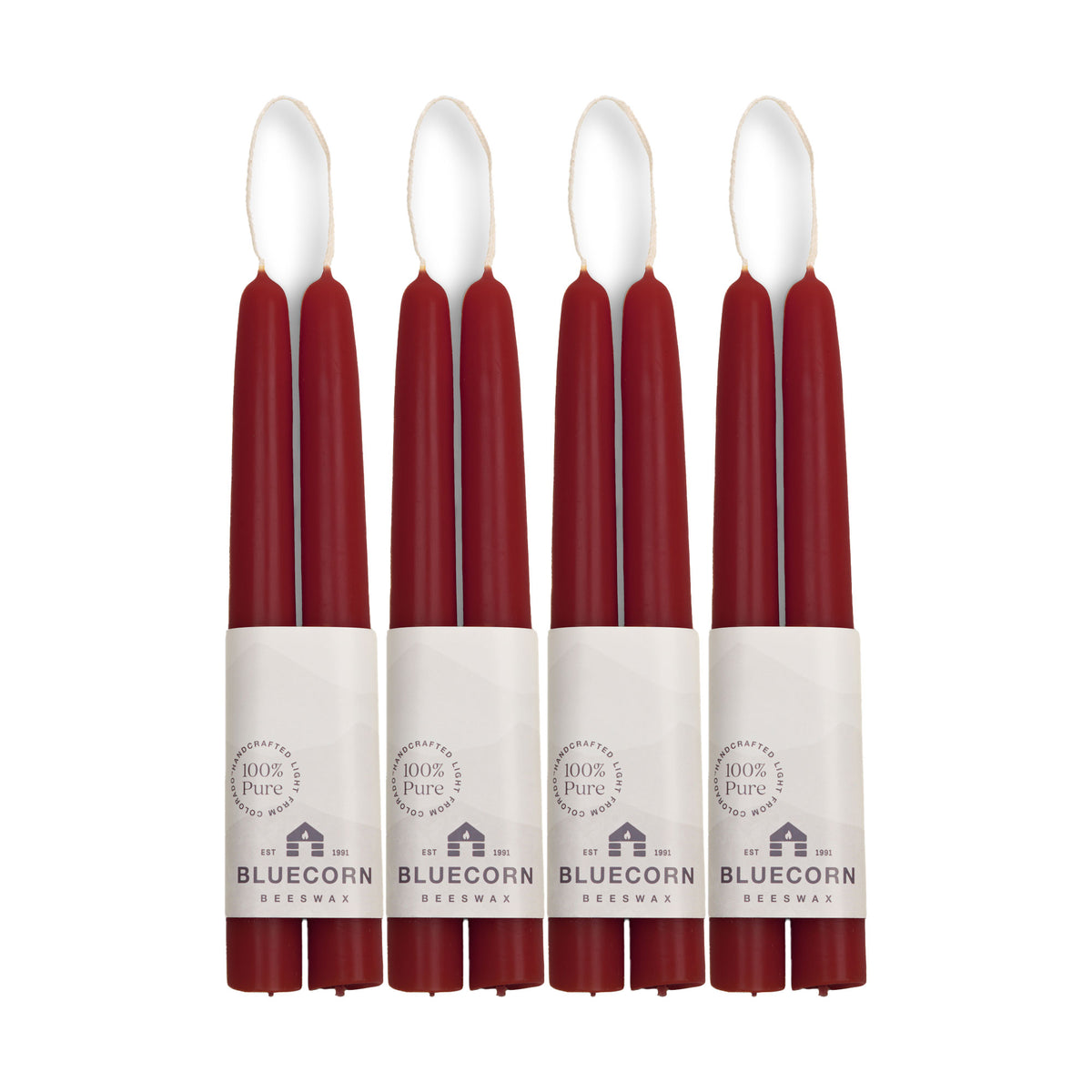 Clearance Candles - 4-Pair 8" Burgundy Hand-Dipped beeswax tapers with white background