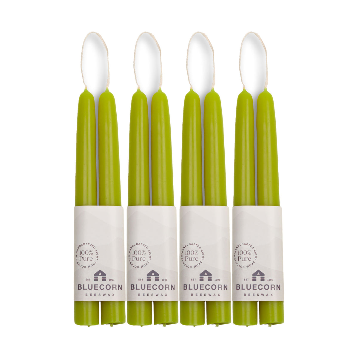 Clearance Candles - 4-Pair 8" Pistachio Hand-Dipped beeswax tapers with white background