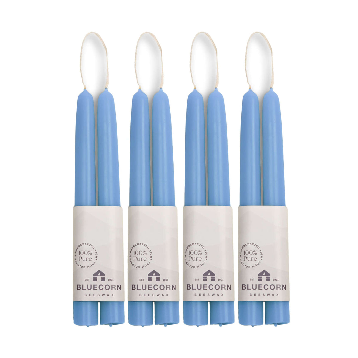 Clearance Candles - 4-Pair light blue Hand-Dipped beeswax tapers with white background