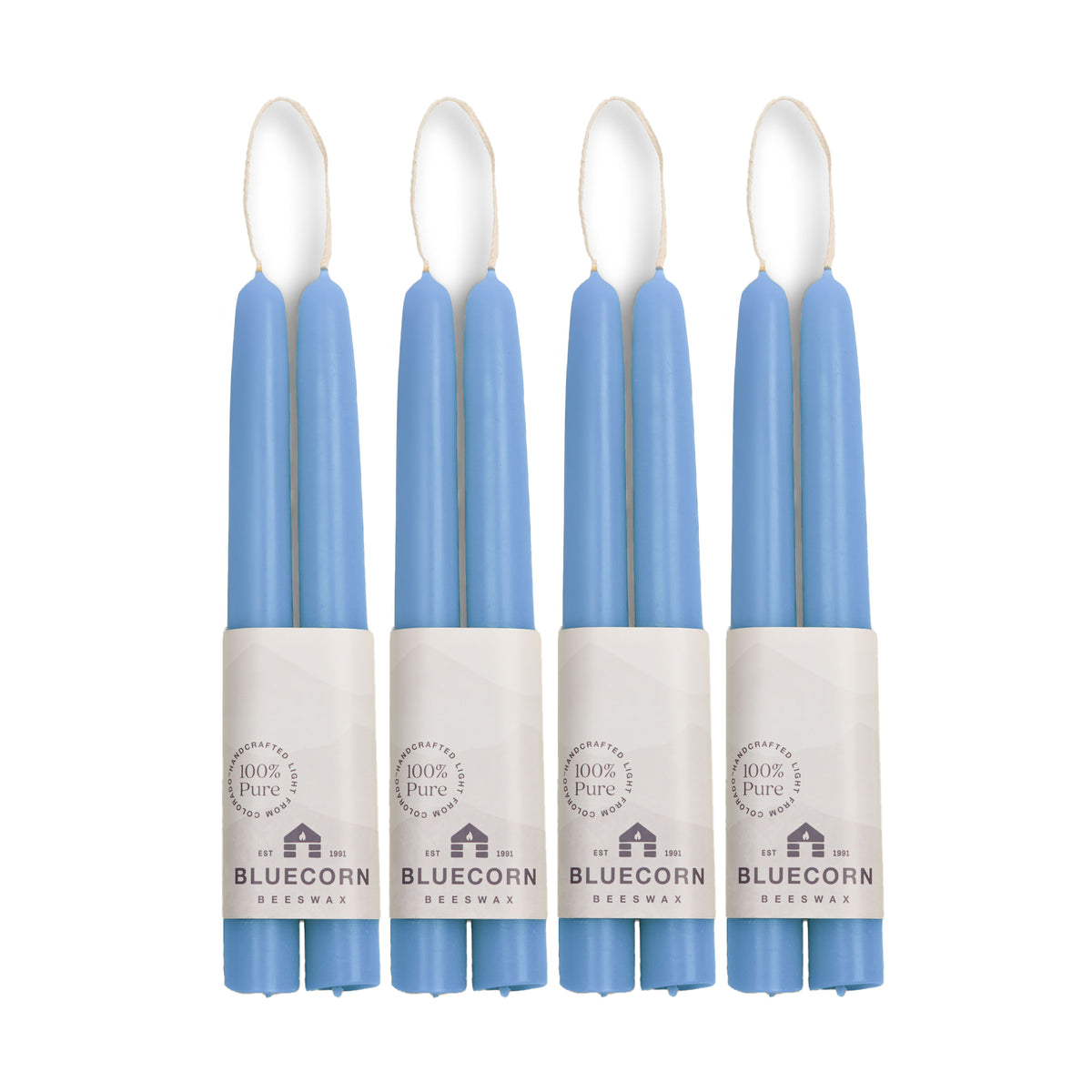 Clearance Candles - 4-Pair Light Blue Hand-Dipped beeswax tapers with white background