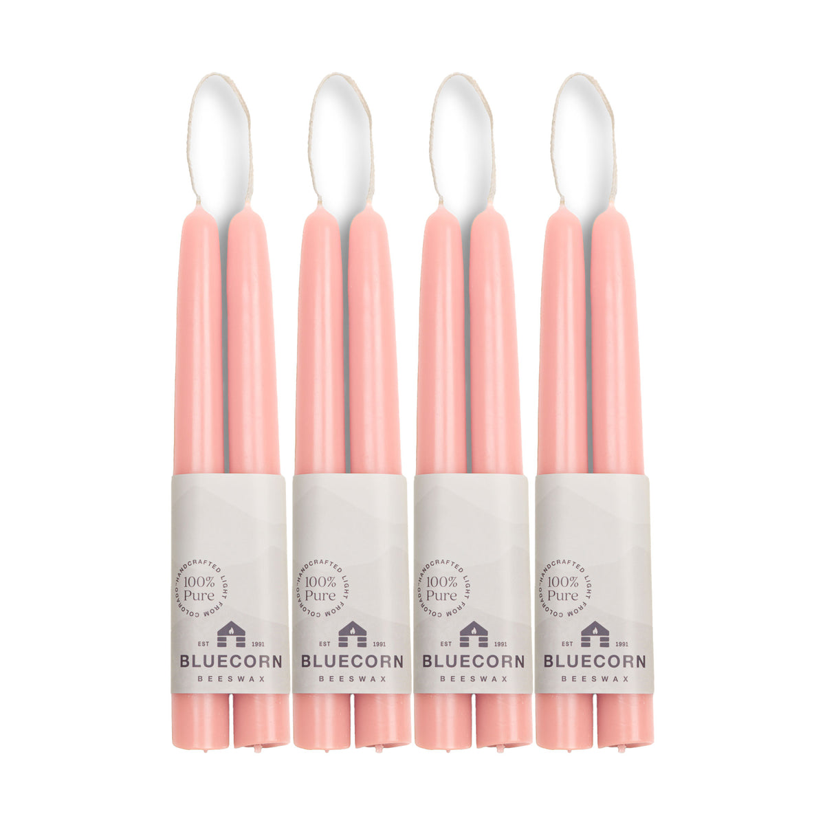 Clearance Candles - 4-Pair 8" Dusty Rose Hand-Dipped beeswax tapers with white background