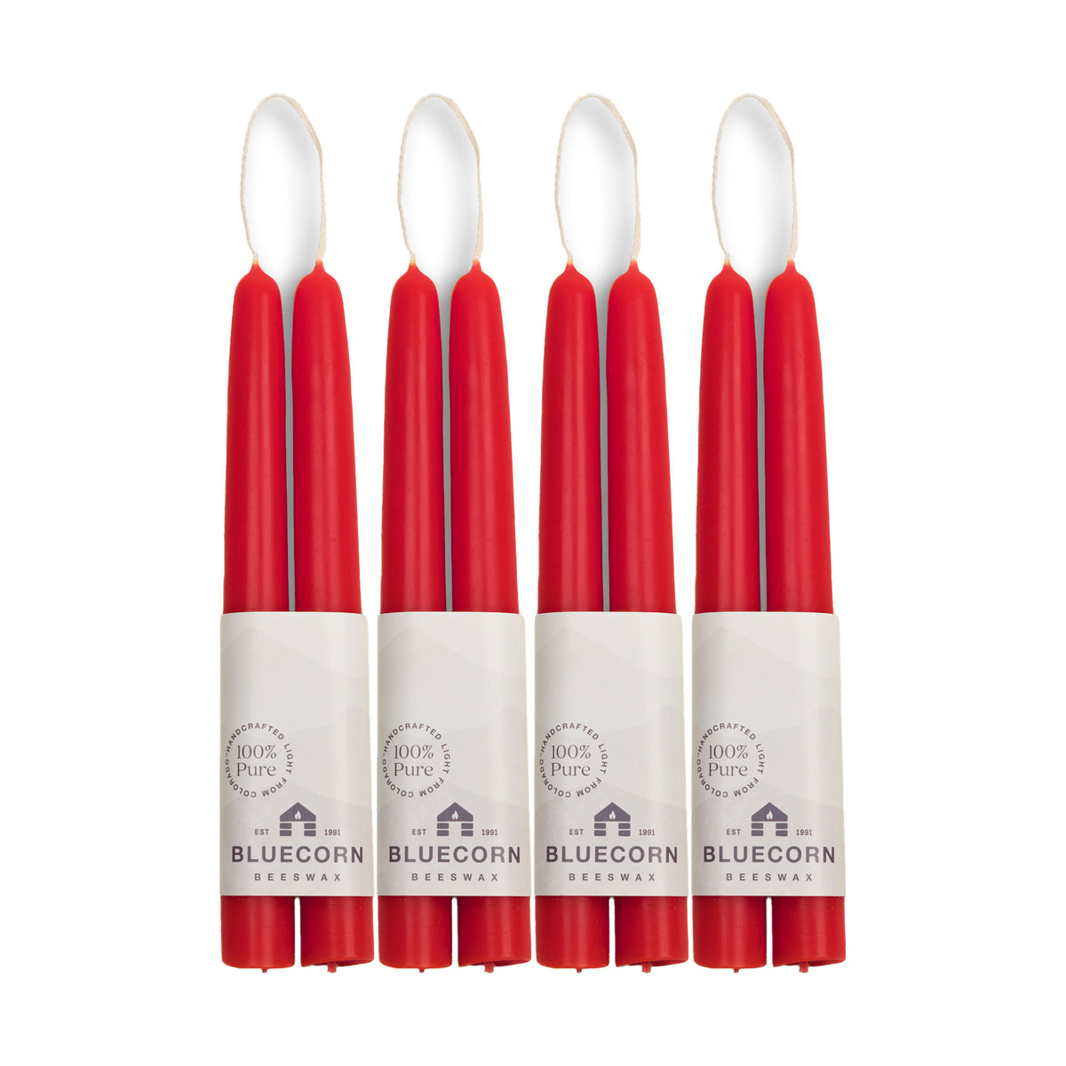 Clearance Candles - 4-Pair 8" Red Hand-Dipped beeswax tapers with white background