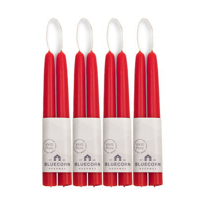 Clearance Candles - 4-Pair 8" Red Hand-Dipped beeswax tapers with white background