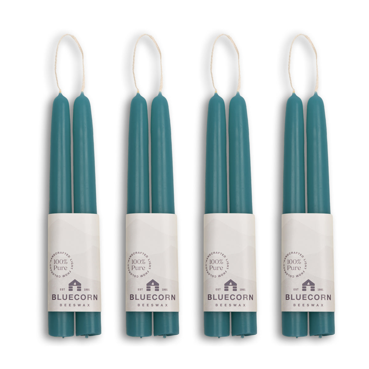 Clearance Candles - 4-Pair Teal Hand-Dipped beeswax tapers with white background