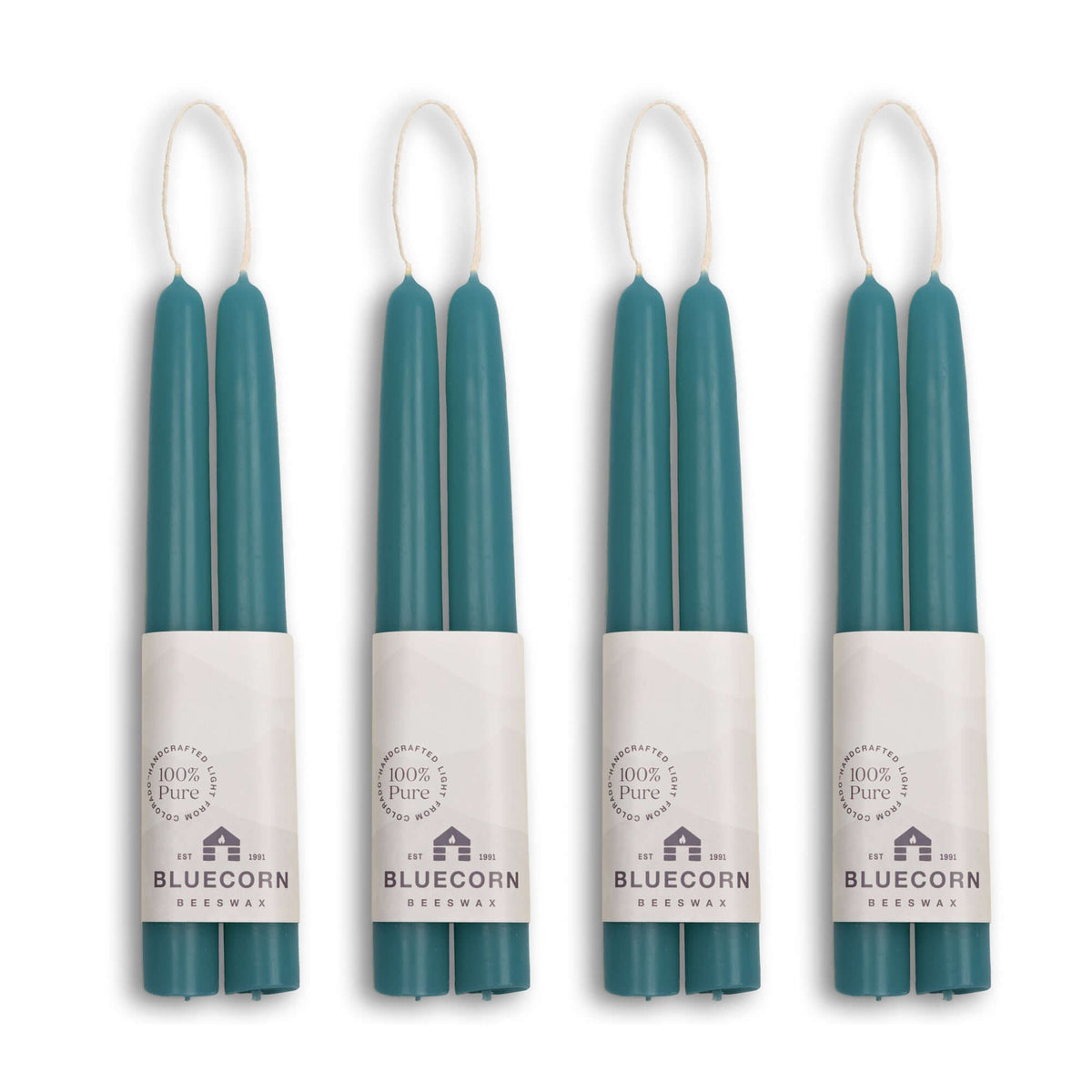 Clearance Candles - 4-Pair Teal Hand-Dipped beeswax tapers with white background