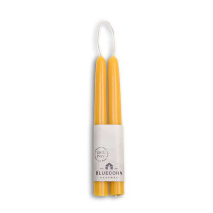 Pure beeswax taper candles from Bluecorn Candles. Pair of 8" long candlesticks. Yellow tapered candles. Natural, non toxic candles. beeswax candles taper