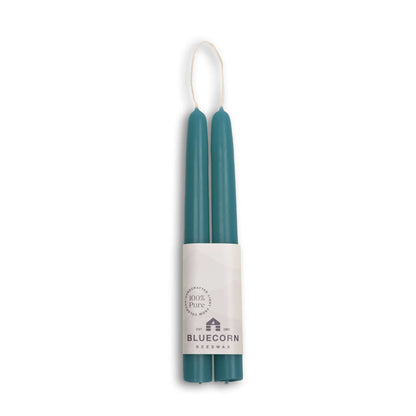 8" pair of teal blue beeswax taper candles with white bluecorn label and white background