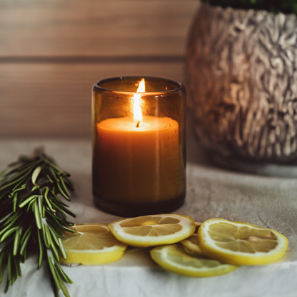 Bluecorn beeswax candle in blown glass jar scented with lemon and verbena