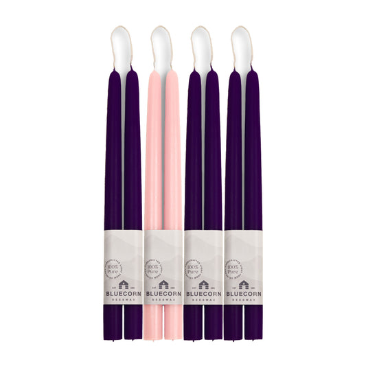 Advent Candle Bundle - Pair of pink candlesticks and three pairs of dark purple taper candles for Advent wreaths from Bluecorn Candles