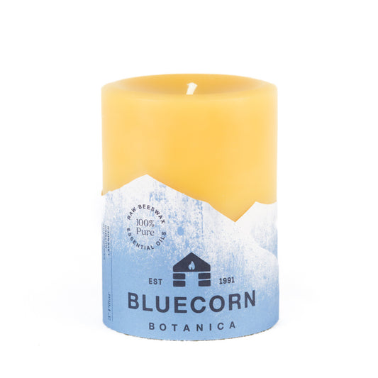 Clearance Cedarwood, Nutmeg and Lavender scented 3" x 4" beeswax pillar candle with blue label and white background