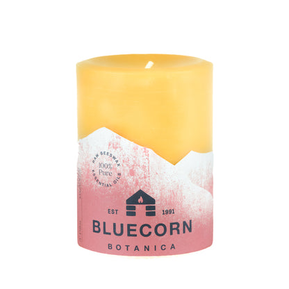 Clearance Cypress & Sandalwood scented 3" x 4" beeswax pillar candle with red label and white background