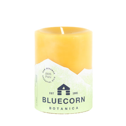 Clearance Eucalyptus & Orange scented 3" x 4" beeswax pillar candle with light green label and white background