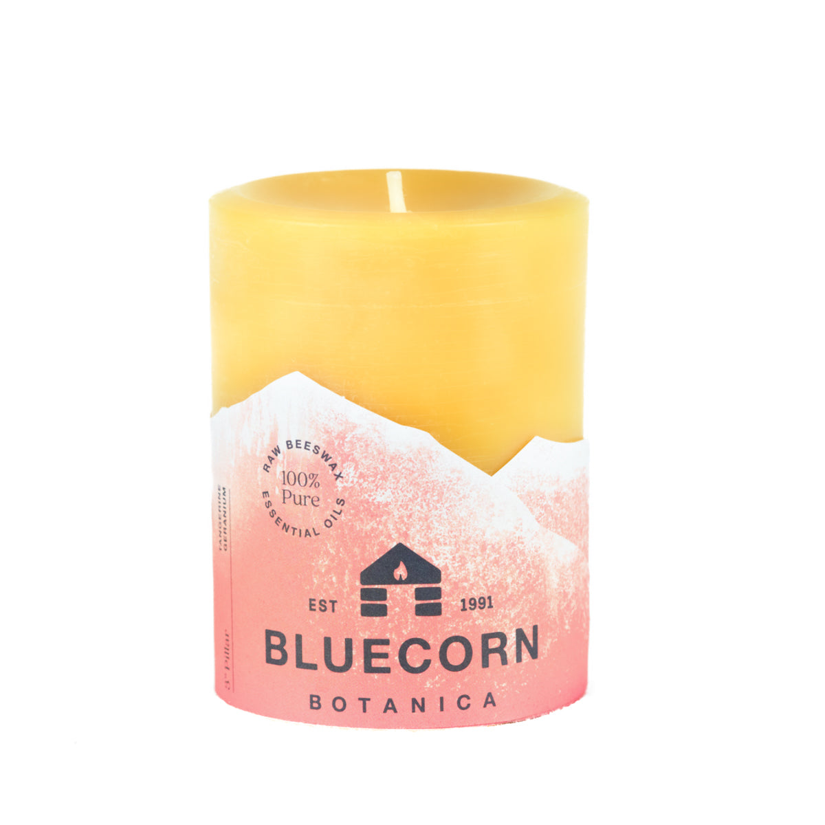 Clearance Tangerine & Geranium scented 3" x 4" beeswax pillar candle with orange label and white background