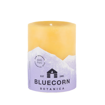 Clearance Lavender scented 3" x 4" beeswax pillar candle with purple label and white background