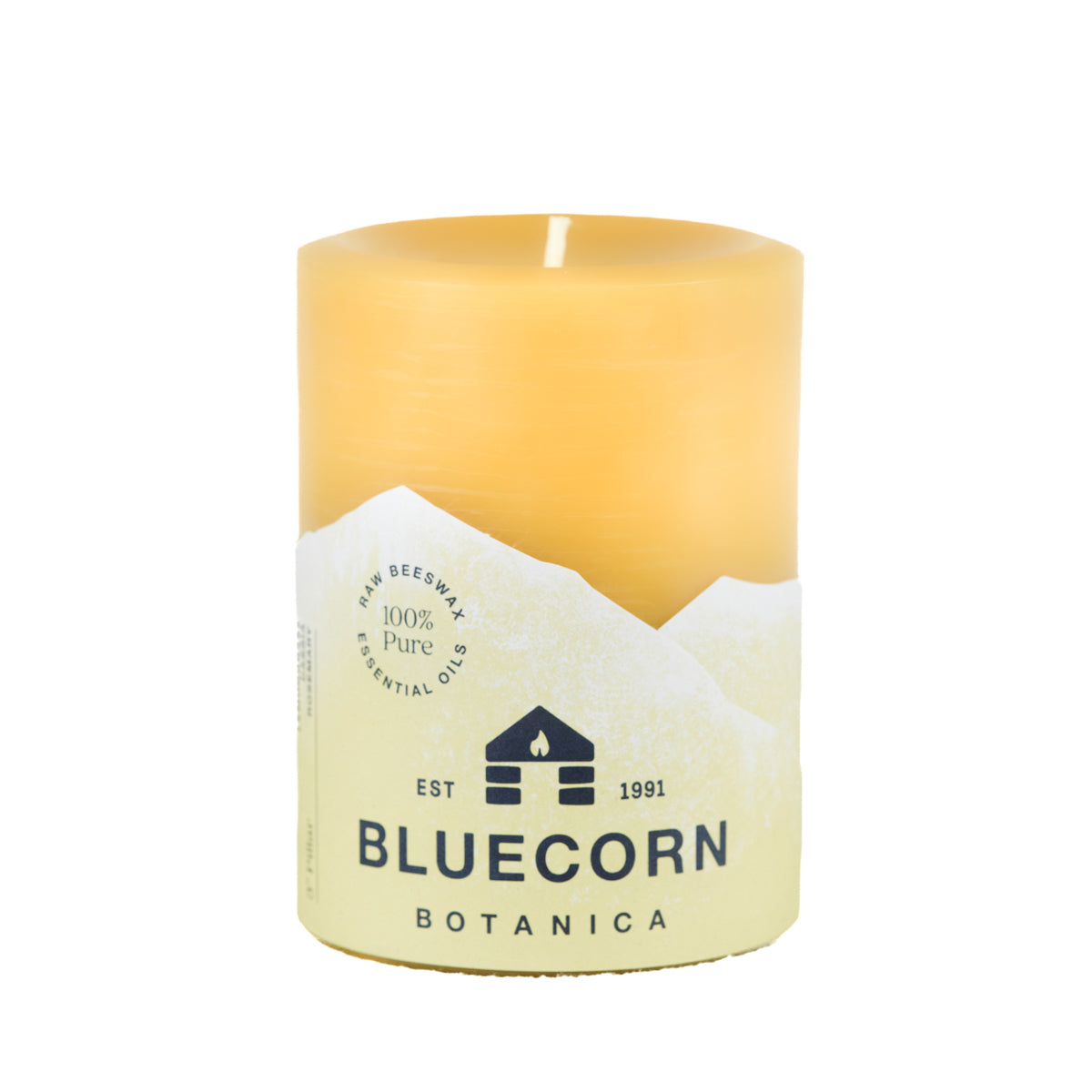 Clearance Lemongrass, Cassia & Rosemary scented 3" x 4" beeswax pillar candle with yellow label and white background