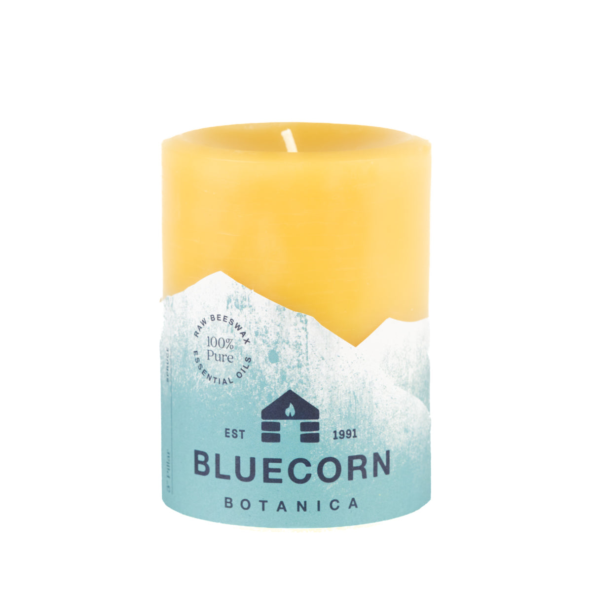 Clearance Spruce scented 3" x 4" beeswax pillar candle with dark green label and white background